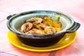 Shrimp and pumpkin pot, traditional Chinese seafood dish, served at a local Hong Kong restaurant