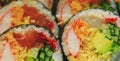 Shrimp with rice in close-up image. Sashimi sushi in close up picture. Plate of shrimps. Fresh and delicious maki and nigiri sushi