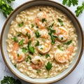 Shrimp risotto is presented in a rustic bowl, garnished with fresh herbs Royalty Free Stock Photo