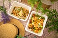 Shrimp salad and Asian pad thai.composition with natural decor. concept food delivery to office or for picnic in disposable