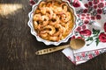 Shrimp with sauce in ceramic dish Royalty Free Stock Photo