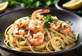 A shrimp scampi with garlic, butter, parsley, and linguine Royalty Free Stock Photo