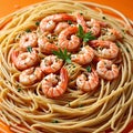 Shrimp scampi with pasta on an orange background Royalty Free Stock Photo