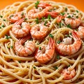 Shrimp scampi with pasta on an orange background Royalty Free Stock Photo