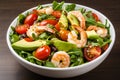 Shrimp Scampi Salad with Arugula, Cherry Tomatoes, and Avocado Slices in a White Bowl Royalty Free Stock Photo