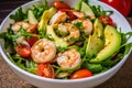 Shrimp Scampi Salad with Arugula, Cherry Tomatoes, and Avocado Slices in a White Bowl Royalty Free Stock Photo
