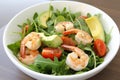 Shrimp Scampi Salad with Arugula, Cherry Tomatoes, and Avocado Slices in a White Bowl Royalty Free Stock Photo