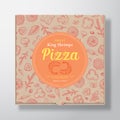 Shrimp Seafood Pizza Realistic Cardboard Box. Abstract Vector Packaging Design or Label. Modern Typography, Sketch