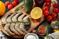 Shrimp, seafood - raw fresh prawns prepared for cooking. Close up of fresh and big shrimps on wooden board for cooking Royalty Free Stock Photo