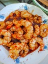 Shrimp seafood stir fry close up. Chinese food Royalty Free Stock Photo