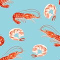 Shrimp seamless pattern on blue background. Seafood
