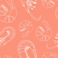 Shrimp seamless pattern pink. Seafood, wallpapers and fabrics for the kitchen. Asian food