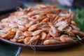 Shrimp. Shrimps lie on a plate. Boiled ready-to-eat shrimp. A large dish of small shrimps