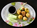 Shrimp shumai.Prawn Siew Mai is a popular Cantonese-style dim sum.Fat prawns wrapped in a thin batter Royalty Free Stock Photo