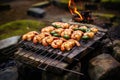 shrimp skewers on grill surrounded by campfire stones