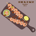 shrimp on skewers. Grilled shrimp kebab lies on wooden board, with lemon, parsley and wasabi sauce. Seafood canapes impaled on