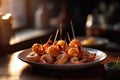 Shrimp skewers. Grilled shrimp on sticks. Generative AI