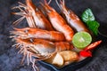 Shrimp soup on seafood soup bowl with thai herb and spices, Thai Food Tom Yum Kung, Hot and sour spicy shrimps prawns soup curry Royalty Free Stock Photo