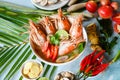 Shrimp soup on seafood soup bowl with thai herb and spices, Thai Food Tom Yum Kung, Hot and sour spicy shrimps prawns soup curry Royalty Free Stock Photo
