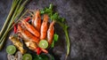 Shrimp soup on seafood soup bowl with thai herb and spices, Hot and sour spicy shrimps prawns soup curry lemon lime galangal red Royalty Free Stock Photo