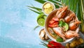 Shrimp soup on seafood soup bowl with thai herb and spices, Hot and sour spicy shrimps prawns soup curry lemon lime galangal red Royalty Free Stock Photo