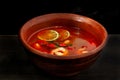 Shrimp soup or Tom Yam goongTraditional food in Thailand contains chili, lime, ginger, galangal, lemongrass, lime leaf. Royalty Free Stock Photo