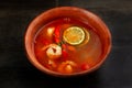 Shrimp soup or Tom Yam goongTraditional food in Thailand contains chili, lime, ginger, galangal, lemongrass, lime leaf. Royalty Free Stock Photo