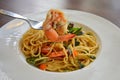 Shrimp spaghetti with dried chilly and shrimp.