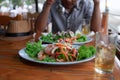 Shrimp spicy salad in restaurant. Royalty Free Stock Photo