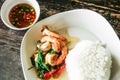 Shrimp stir-fried basil leaves and jusmine rice Royalty Free Stock Photo