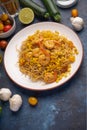 Shrimp Stir Fry with pasta, seafood, oriental cuisine Royalty Free Stock Photo