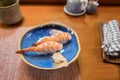 shrimp sushi on wooden table of Japanese restaurant in Karatsu Royalty Free Stock Photo