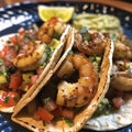 Shrimp tacos with guacamole and salsa, close up