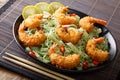 Shrimp tempura with green tea pasta, chili and sesame close-up o Royalty Free Stock Photo