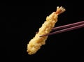 Shrimp tempura lifted with chopsticks against a black background Royalty Free Stock Photo