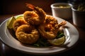 Shrimp tempura on the serving dish close up