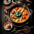 Shrimp, tomato, and cilantro soup in a pot on a wooden table