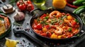 Shrimp and vegetable saute in a cast iron skillet