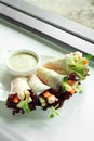 Shrimp and vegetable vietnamese roll and white sauce Royalty Free Stock Photo