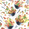 Shrimp with vegetables in ceramic bowls levitating. Watercolor illustration. Seamless pattern on a white background from Royalty Free Stock Photo