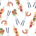 Shrimp with vegetables on chopsticks and on a skewer. Watercolor illustration. Seamless pattern on a white background Royalty Free Stock Photo