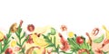 Shrimp with vegetables, eggs and herbs. Watercolor illustration. Seamless border pattern from the SHRIMP collection. For