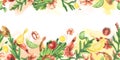 Shrimp with vegetables, eggs and herbs. Watercolor illustration. Seamless border pattern from the SHRIMP collection. For