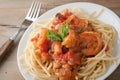 Shrimp in wine tomato sauce over spaghetti pasta Royalty Free Stock Photo
