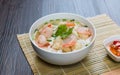 Shrimp wonton noodle soup with braised pork in soup Royalty Free Stock Photo