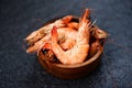 Shrimp on wooden bowl - cooking seafood shrimps prawns Royalty Free Stock Photo