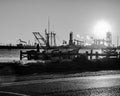 Shrimping boat at sunset at the berth. Royalty Free Stock Photo