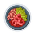 Shrimps with Beans and Lettuce Rested on Plate Top View Vector Illustration