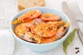 Shrimps in blue bowl Royalty Free Stock Photo