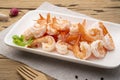 Shrimps, Boiled Prawns in white plate, Shrimp tails ready for cooking